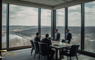 A business broker in Wisconsin interacting with multiple clients in a modern office, discussing paperwork and transactions.