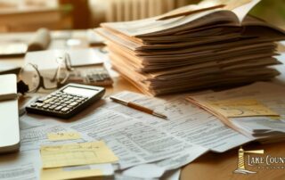 Piles of business documents with calculator and glasses on desk.