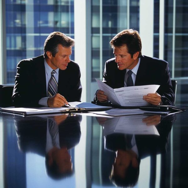 Professional business broker consulting with a client in a modern office, reviewing documents and strategies