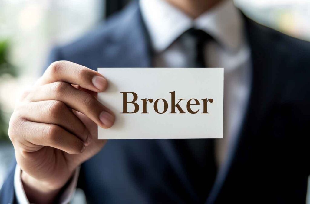 A professional holding a "Broker" card, representing expertise in business brokers Cross-Border M&A Deals.
