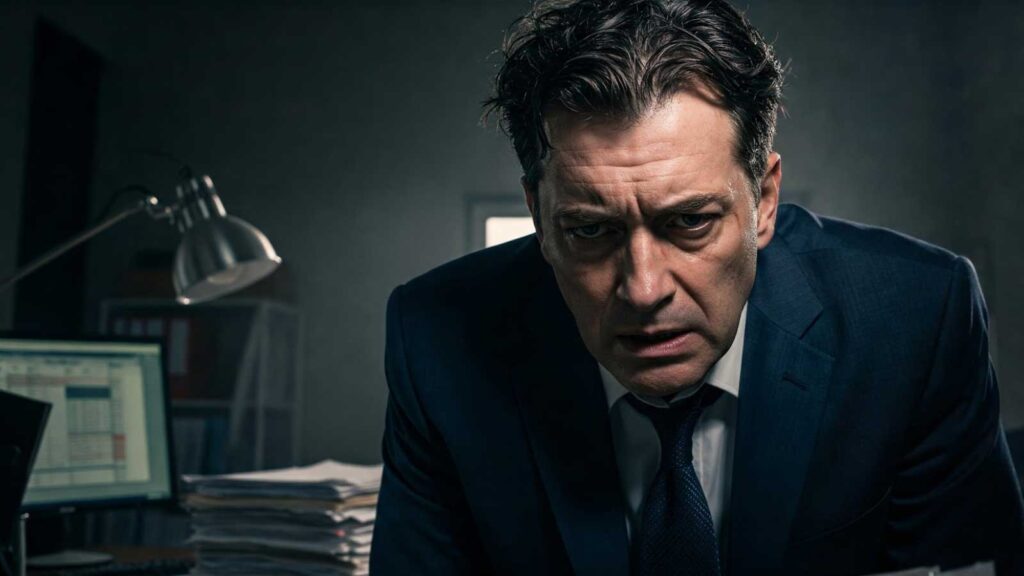 tressed businessman surrounded by financial documents in a dimly lit office.