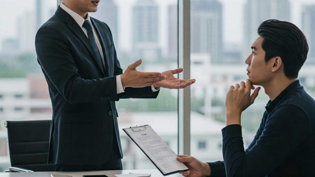 Two professionals in a business meeting discussing a contract.