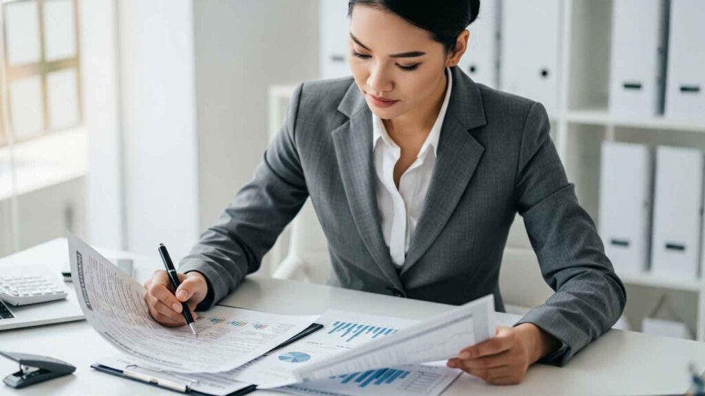 A professional woman reviewing financial reports and graphs, symbolizing due diligence and strategic evaluation before selling a business unit.