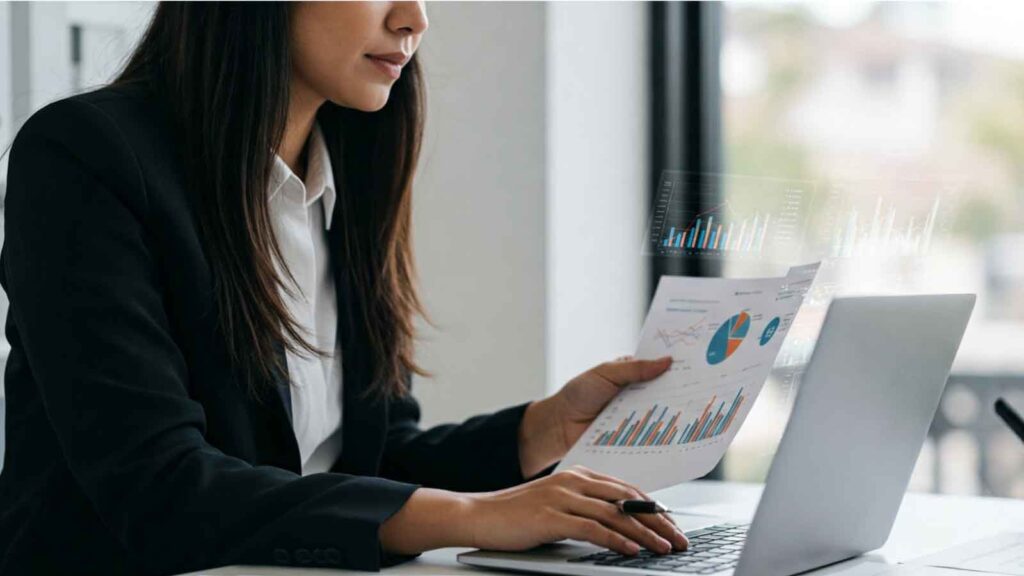 Businesswoman analyzing printed financial charts while working on laptop at office desk. 