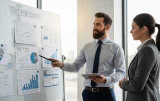 A confident man in business attire presents charts and graphs on a whiteboard labeled "Exit Plan Business" to a colleague. The visuals include pie charts, line graphs, and bar charts focused on business growth and financial planning.