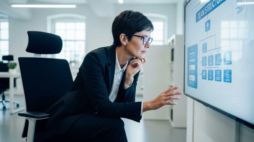 A professional woman in a dark blazer analyzes a digital team structure chart on a large touchscreen monitor in a modern office setting, appearing focused and engaged. 