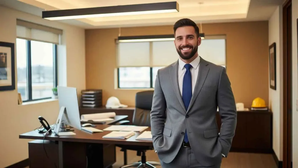 Confident young executive smiling in a modern office with blueprints and safety gear on the desk, symbolizing strategic planning and business acquisition consulting.
