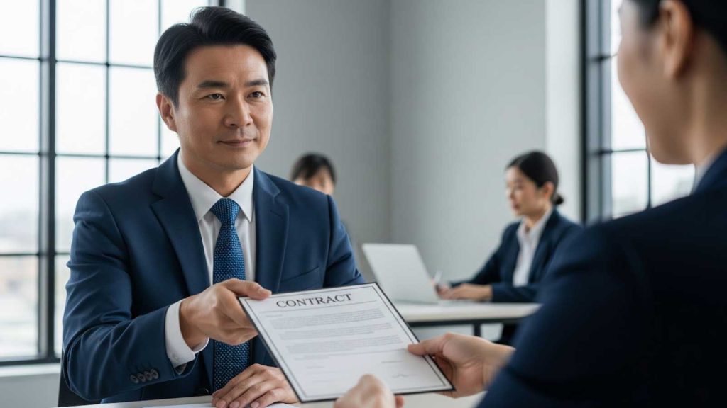Business professional handing over a signed sales contract during a business transaction meeting. 
