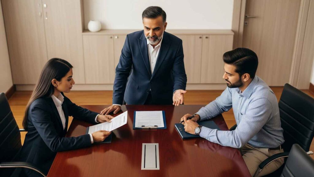 Business owner weighing two offer documents with team, illustrating the decision-making process when choosing between different types of buyers. 