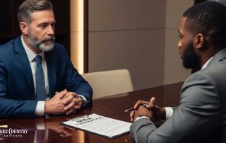 Two business professionals in a formal meeting discussing M&A due diligence, with a document labeled "M&A Consultation" on the table.