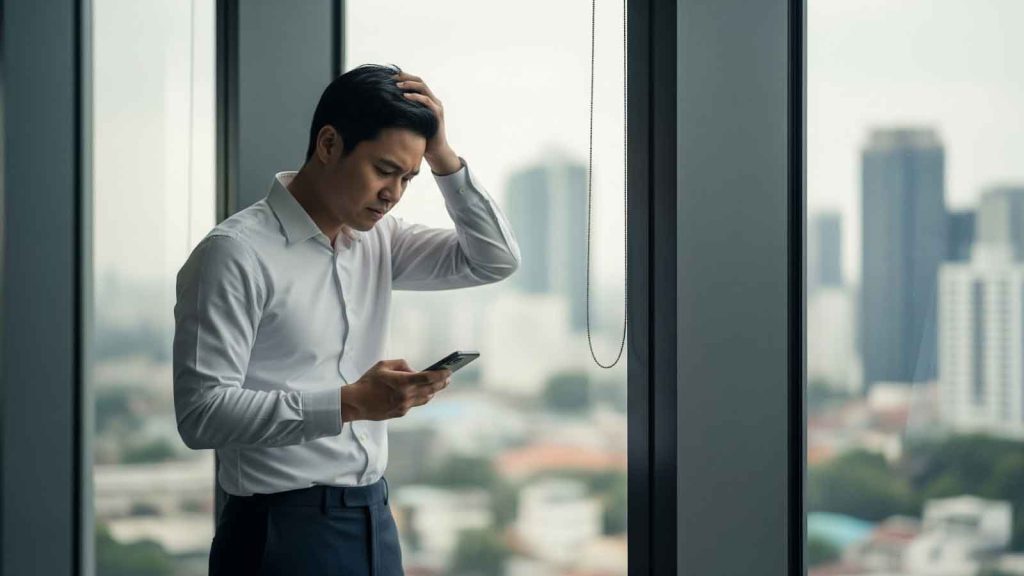 A worried business owner looks at his phone, considering the implications of accepting seller financing for his company sale. 