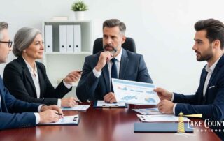 Business advisors in a meeting reviewing exit strategy charts, discussing pros and cons of selling a company to a competitor, investor, or employee.