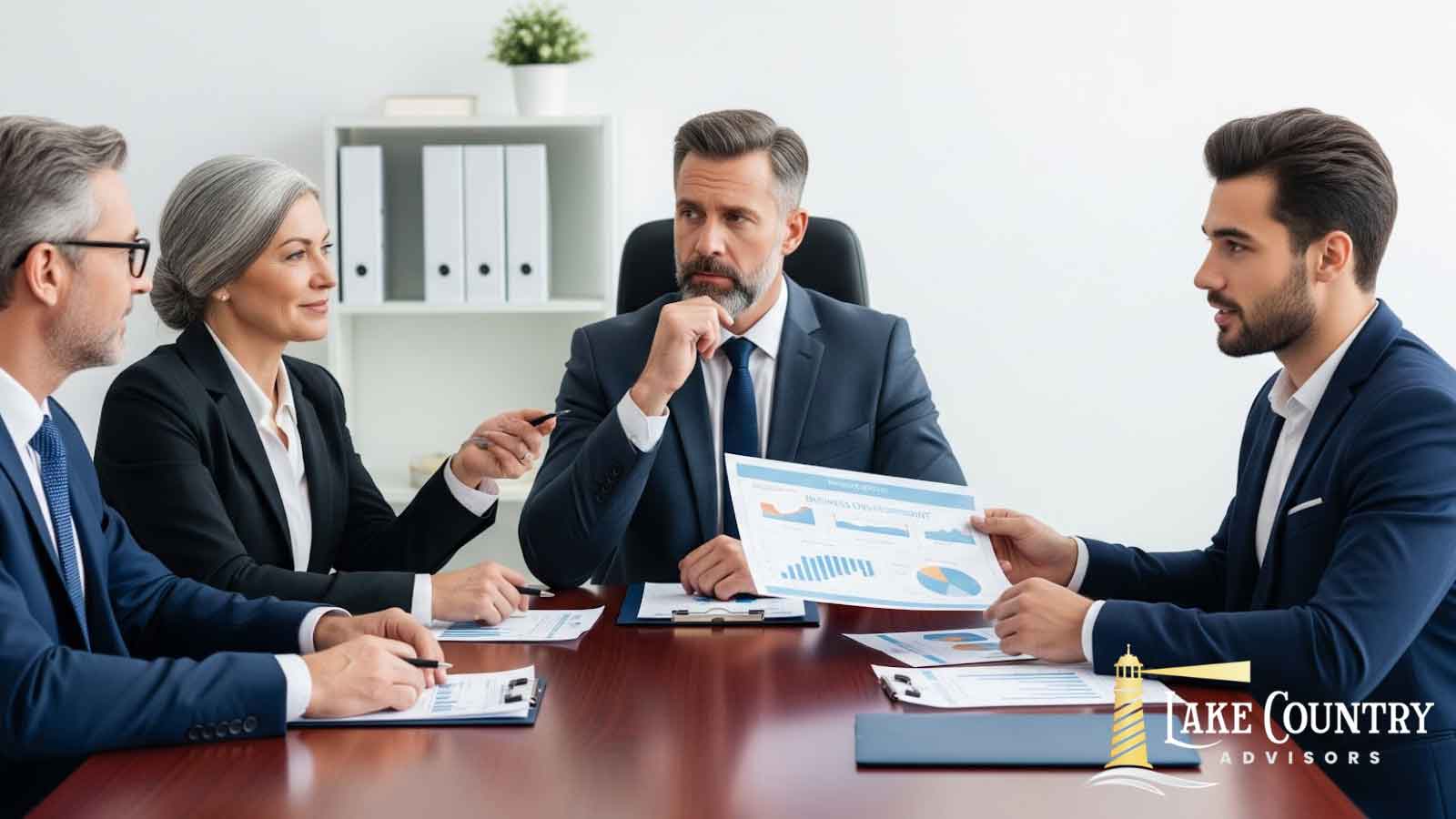 Business advisors in a meeting reviewing exit strategy charts, discussing pros and cons of selling a company to a competitor, investor, or employee.