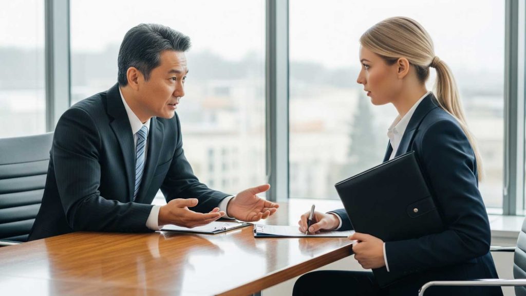 Two business professionals in a serious discussion at a boardroom table. The man is explaining details while the woman takes notes, representing negotiations and planning in a business sale involving multiple shareholders.