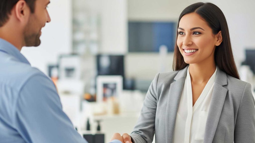 Smiling professional shaking hands after successful business negotiation, symbolizing agreement on deferred consideration terms.