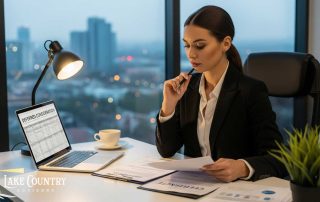 Business advisor analyzing deferred consideration documents and financial agreements at office desk overlooking city skyline.