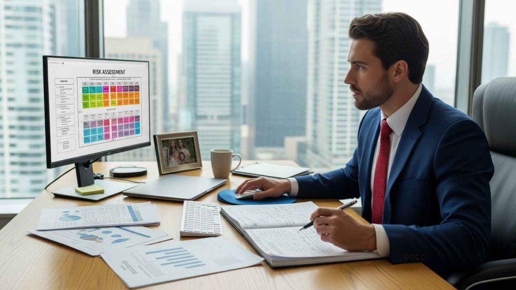 A professional conducting a detailed risk assessment on a computer while analyzing printed financial and ESG reports in a high-rise office overlooking a city skyline. 