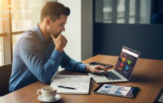 A business professional analyzing post-acquisition leadership transition plans on a laptop, with charts and strategy diagrams on the desk.