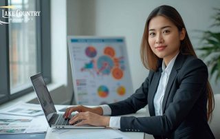 Professional M&A advisor working at a desk with financial charts in the background.