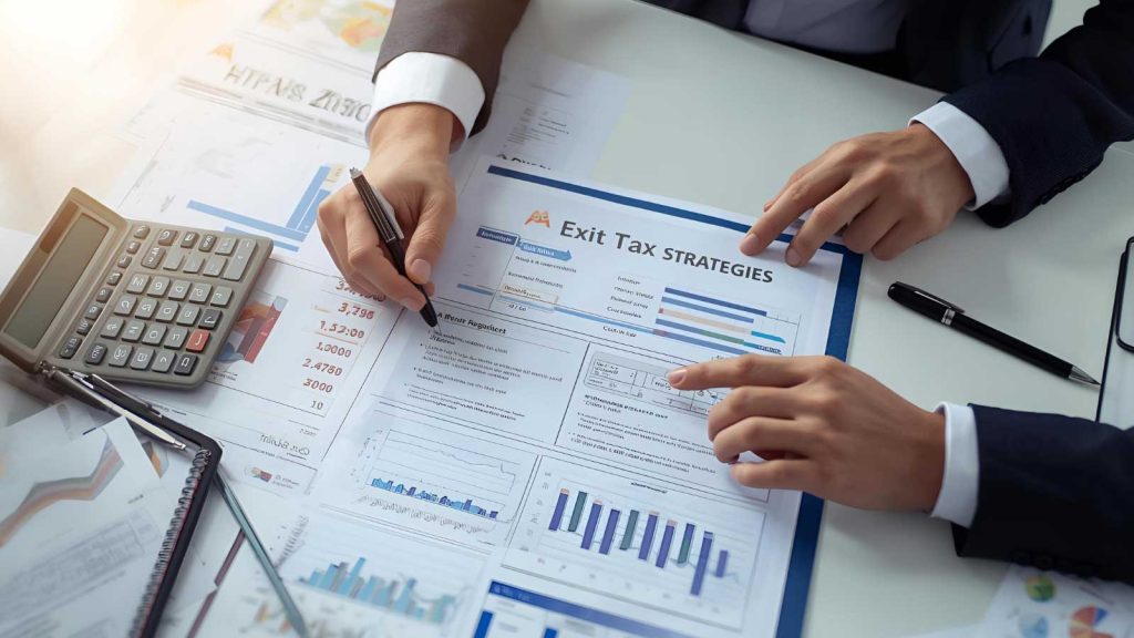 Financial advisors going over financial documents for a business sale.