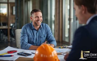Electrical contractor in a meeting about preparing an electrical company for sale.