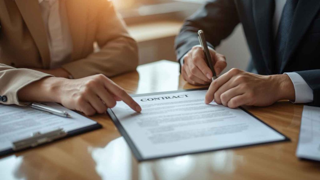 A business meeting where professionals are reviewing and discussing a contract.