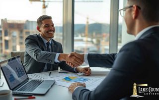 A construction deal being discussed at a table with blueprints and graphs.