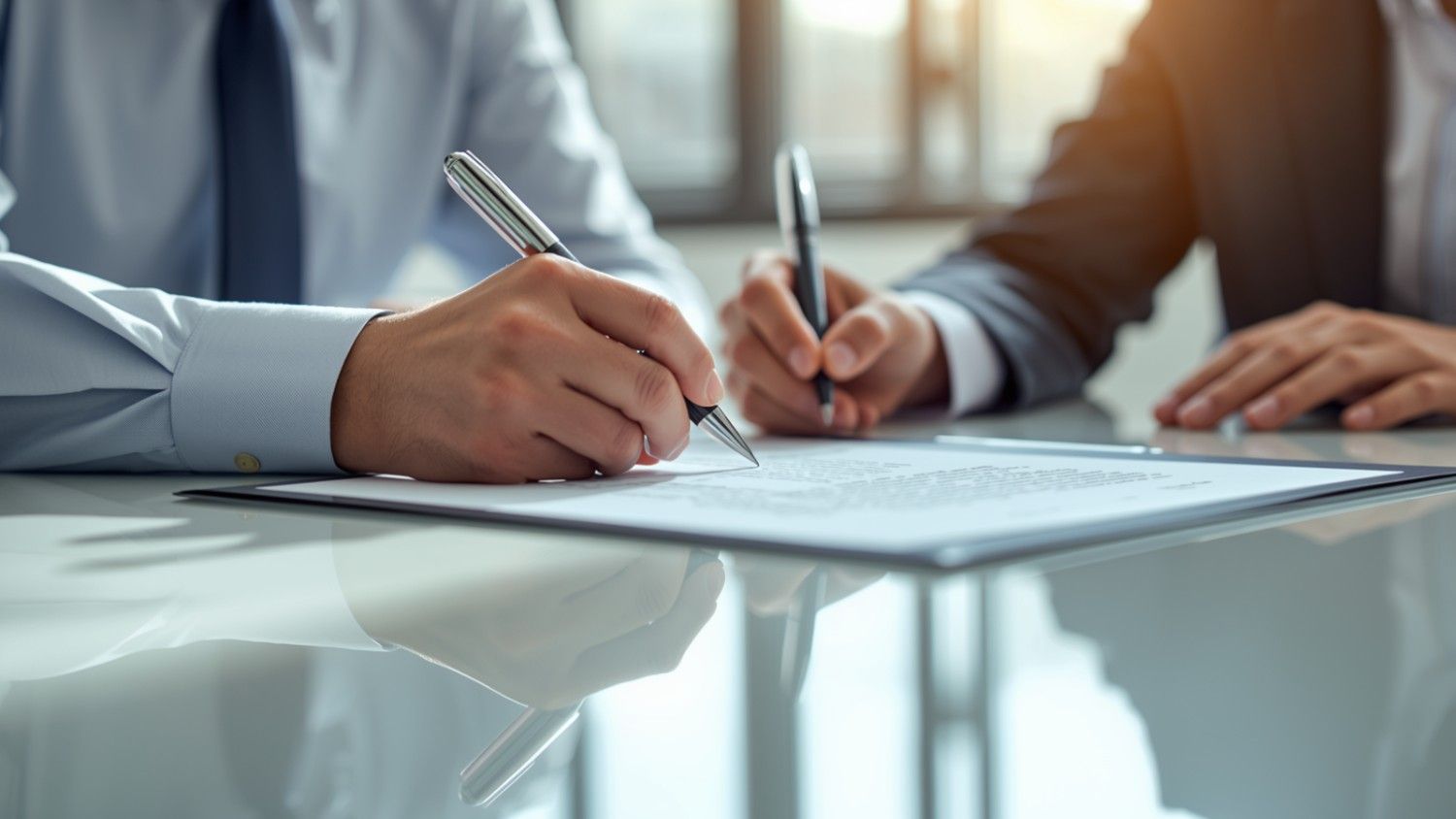 Two individuals reviewing and signing legal documents.