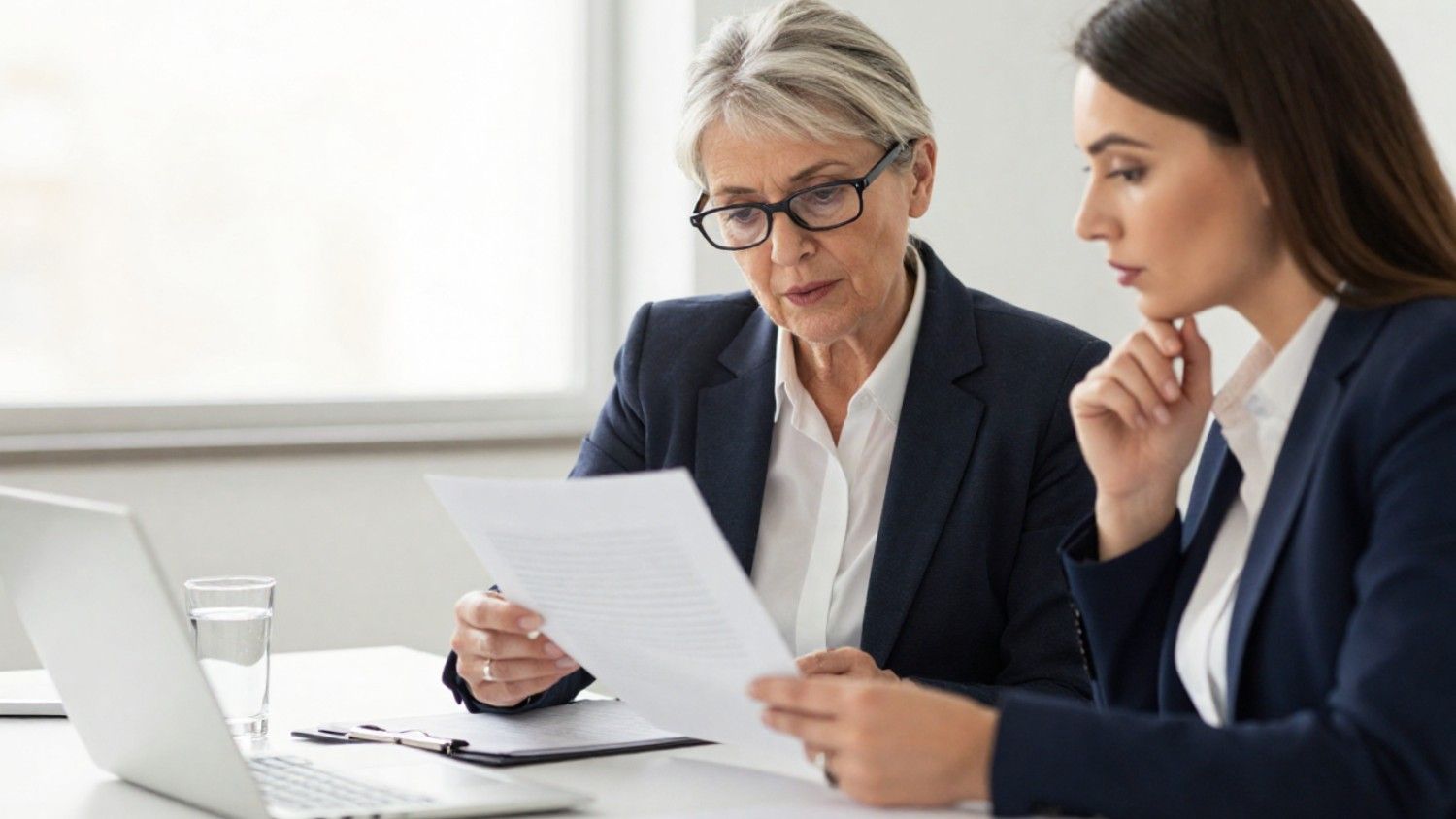 Business advisors analyzing paperwork during due diligence.