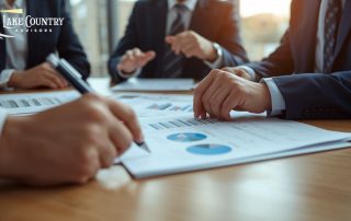 A team of professionals is reviewing financial reports and data.
