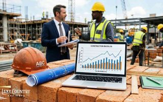 A construction worker and a business broker reviewing construction backlog data.