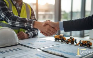 Contractor and business broker finalizing a deal with a handshake.