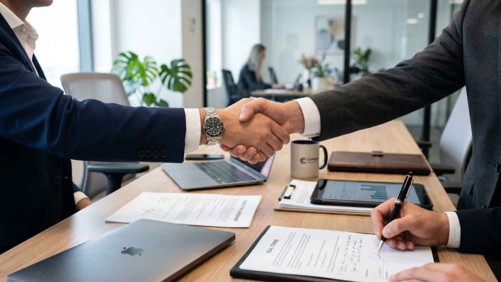 Business deal closing with handshake and signed agreement on desk.