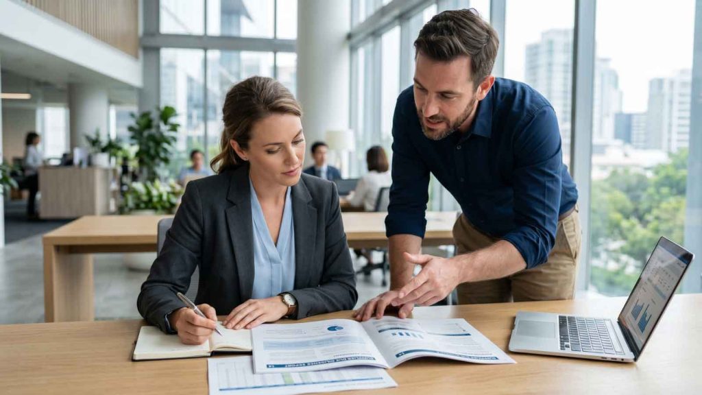Two professionals reviewing supplier agreements and diligence paperwork.