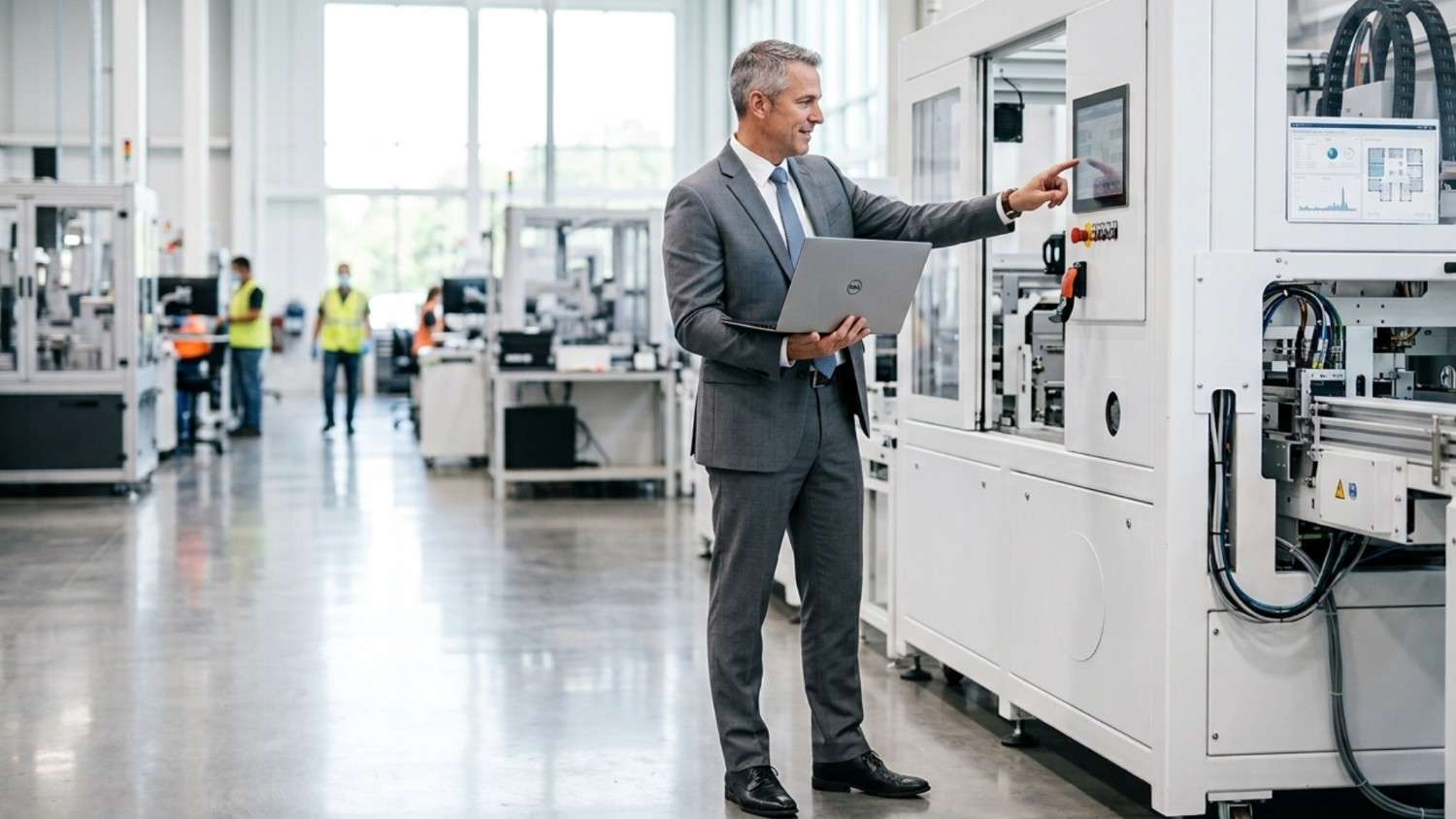 Manufacturing professional reviewing production equipment and operational performance.