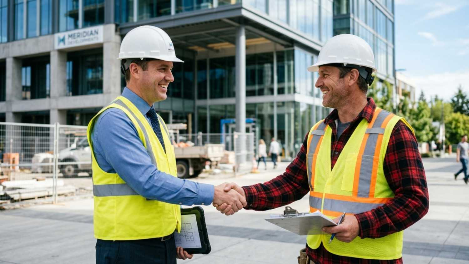 Two construction professionals in hard hats and safety vests shaking hands at a commercial jobsite.