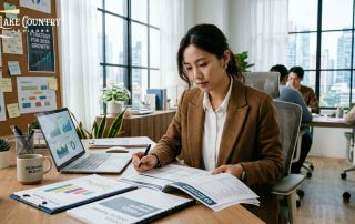 Business professional reviewing job costing reports and financial charts.