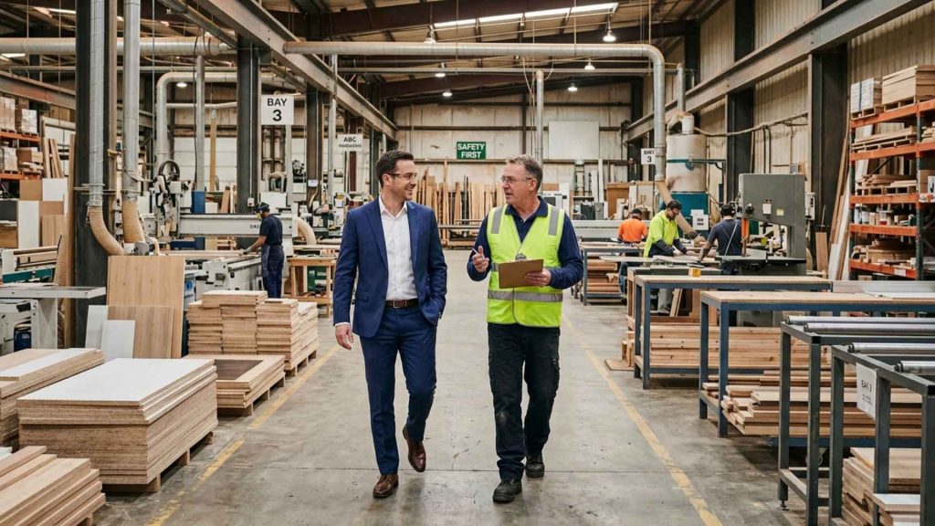 Two men review a manufacturing business sale.
