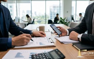 Two business professionals reviewing financial reports and valuation documents during a manufacturing business sale consultation.