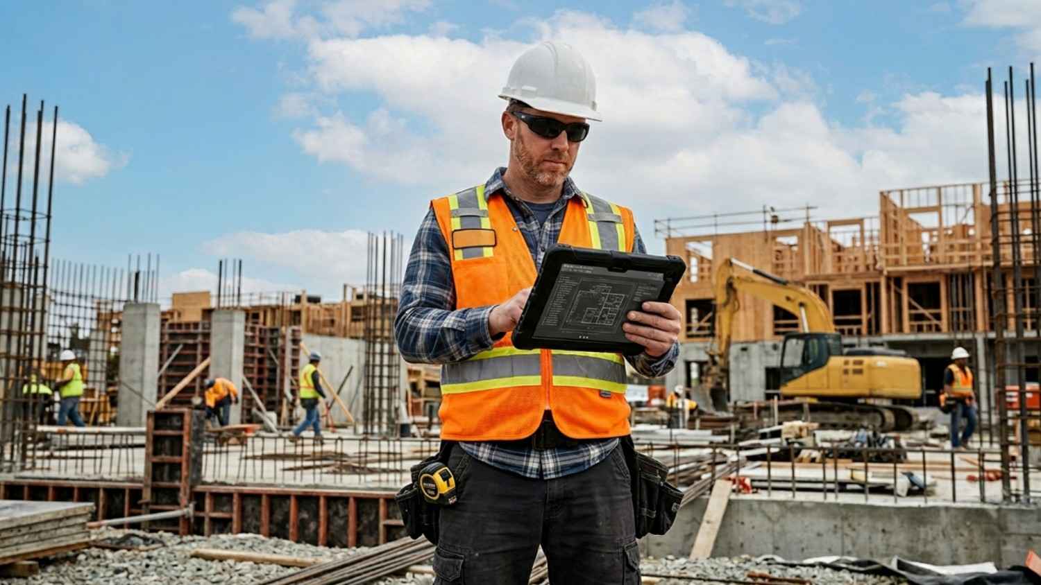 Concrete contractor using a tablet to review margins.