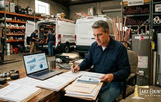 Plumbing business owner reviewing financial reports and service records in a warehouse office.