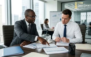 Business advisor and construction owner reviewing construction company valuation documents during a meeting.