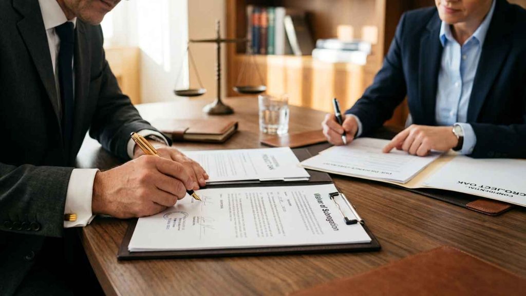 Business professionals reviewing and signing insurance documents.