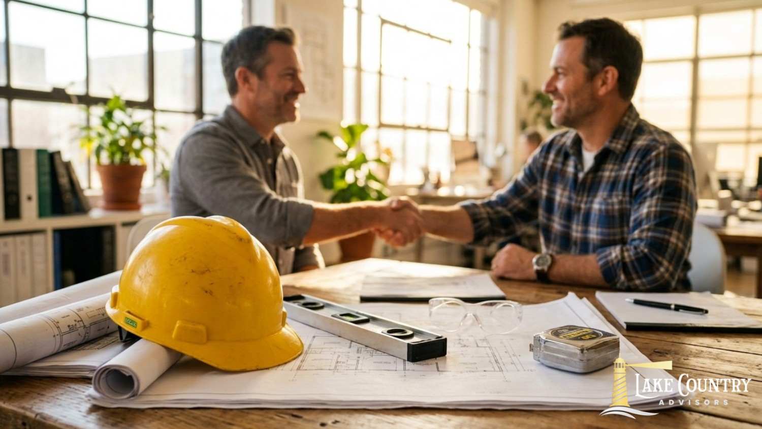 Business meeting between two professionals with plans and safety gear on the table.